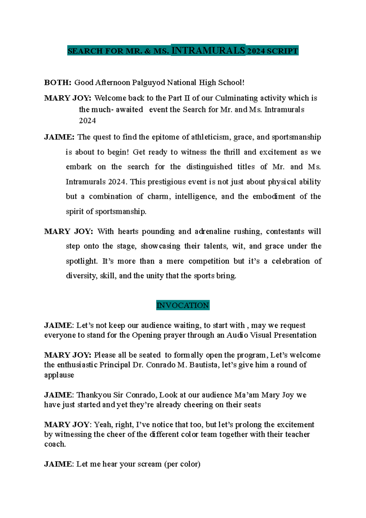 Search for Mr. & Ms. Intramurals 2024 Event Script - Studocu