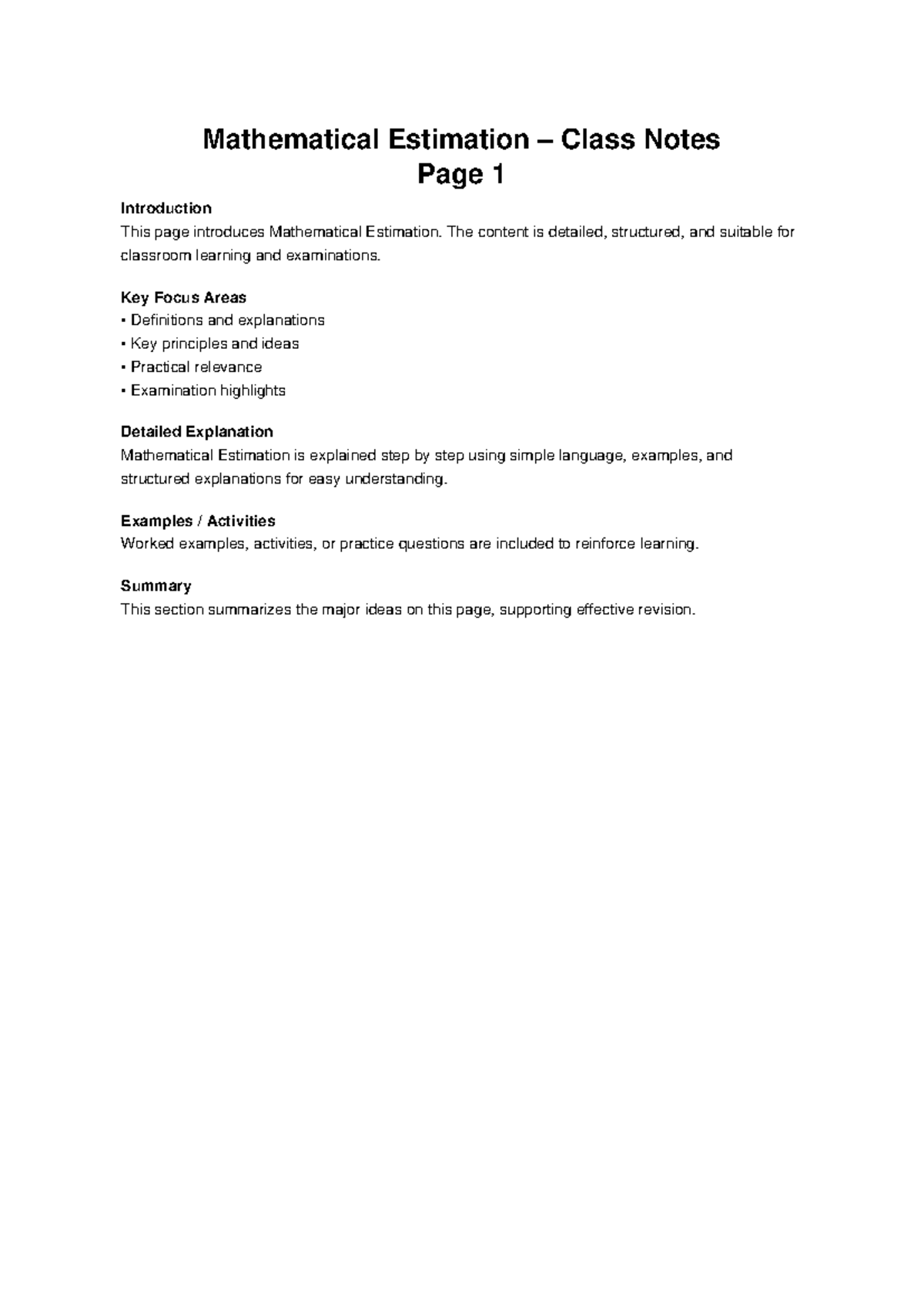 Mathematical Estimation Class Notes (05) - Key Concepts & Summary - Studocu
