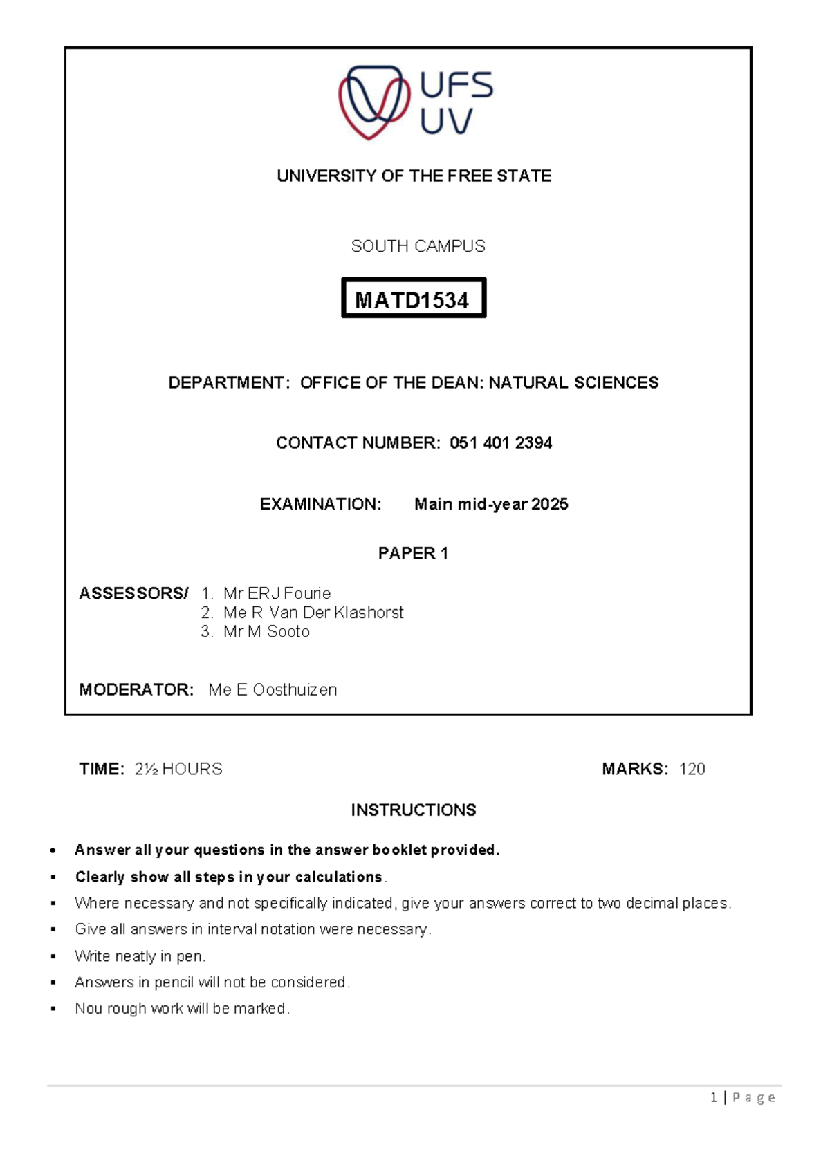 MATD1534 Main Exam 2025 Memo: Solutions and Guidelines - Studocu