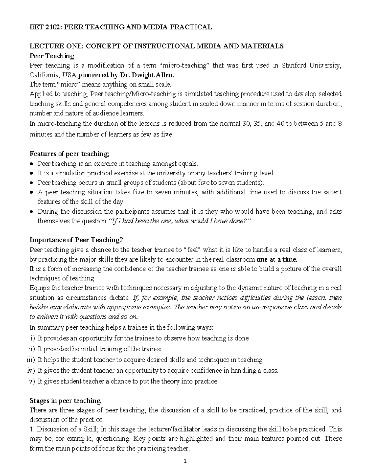 BET 2102 Lecture Notes on Peer Teaching & Media Practical Techniques ...