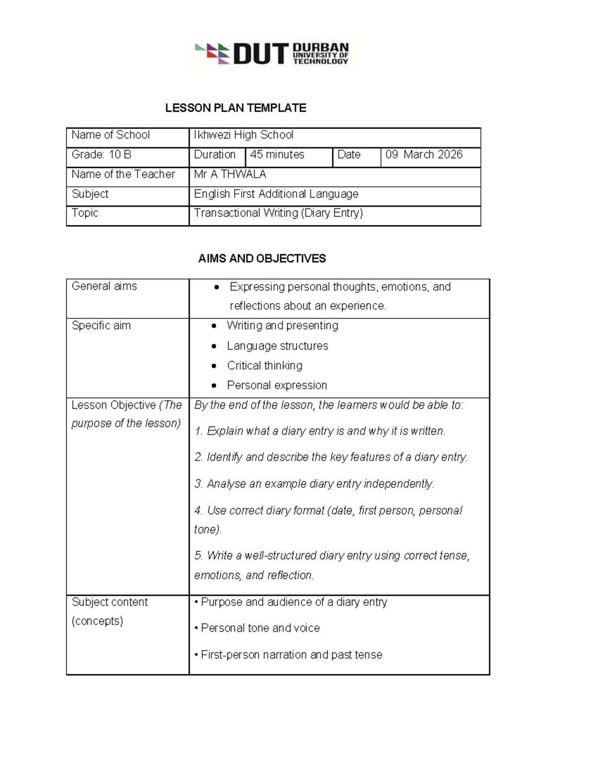 Grade 10 English Lesson Plan: Transactional Writing (Diary Entry) - Studocu