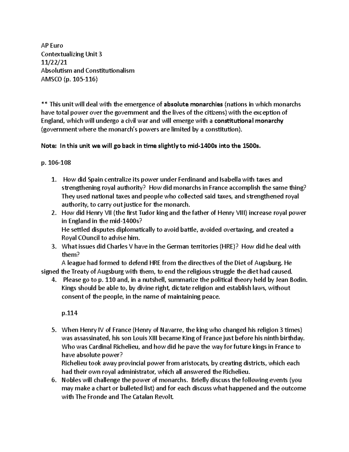 Jonathan Duraes - AP Euro Unit 3: Absolutism & Constitutionalism Notes ...