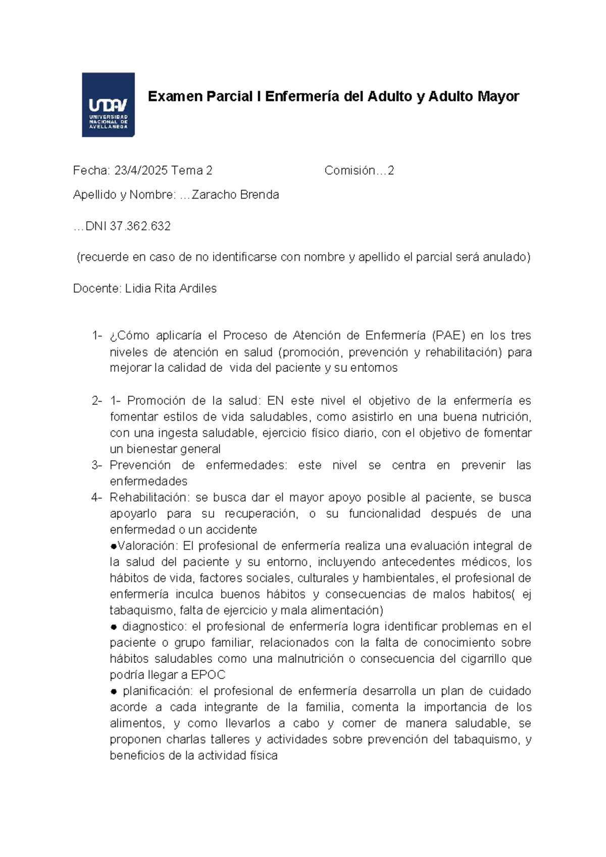 Examen Parcial I - Enfermería del Adulto y Adulto Mayor - Tema 2 - Studocu