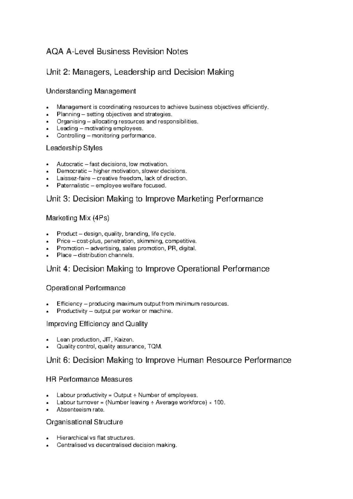 AQA A Level Business Revision Notes: Units 2-6 Overview - Studocu