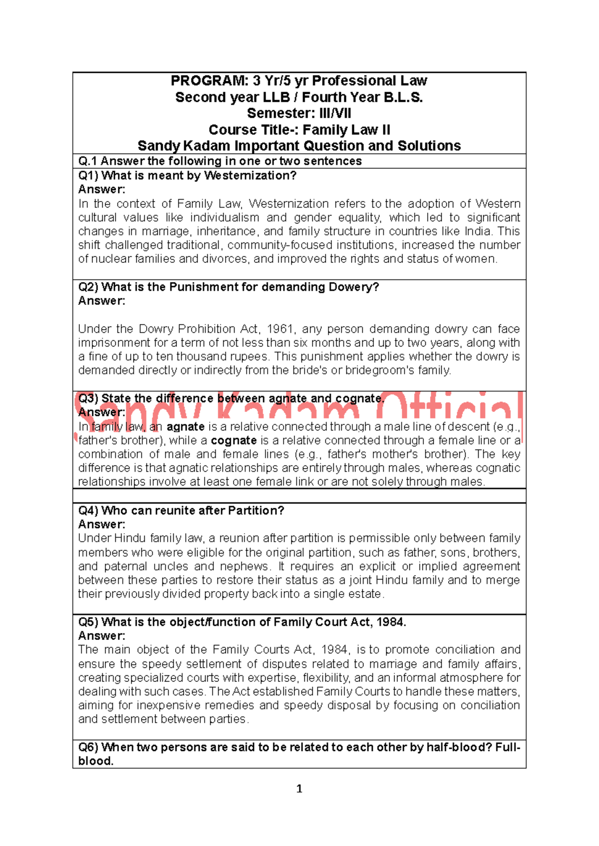 Family Law II (LLB) Important Questions & Answers by Sandy Kadam - Studocu