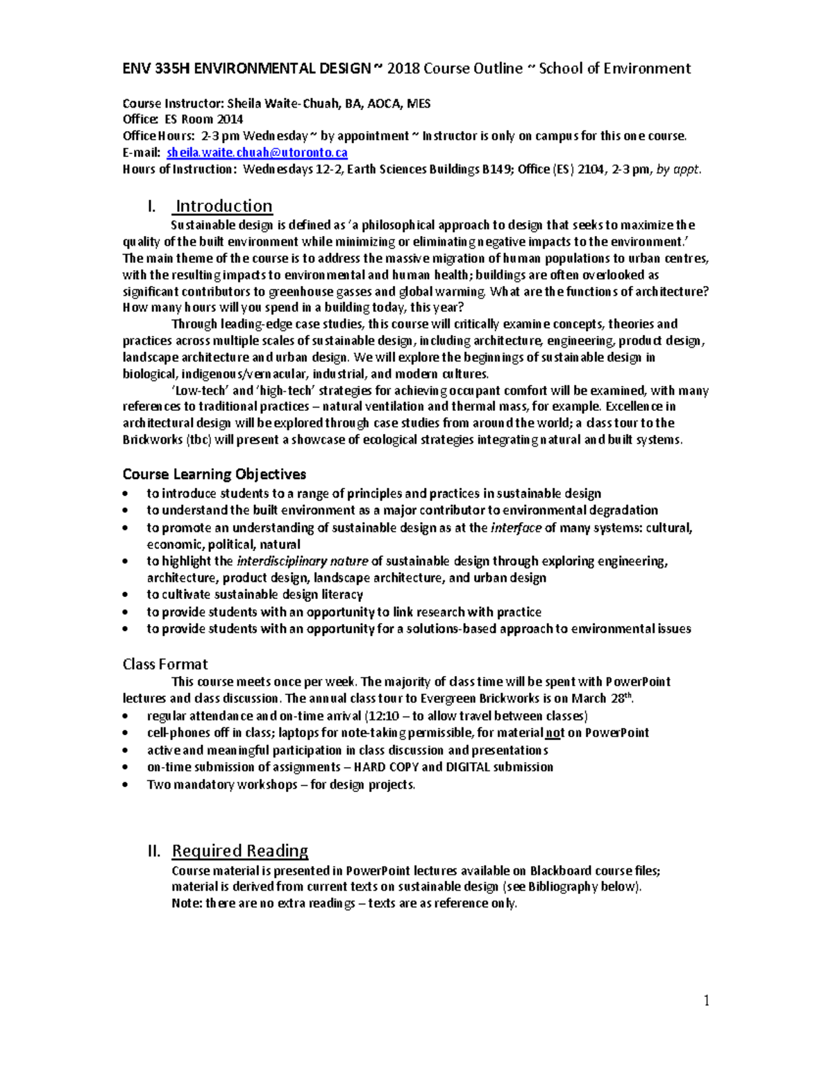 ENV335H1S1 Course Syllabus: Environmental Design Overview 2018 - Studocu