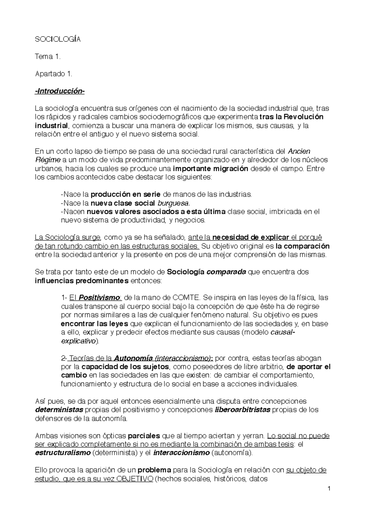 Resumen Introducción a la Sociología - SOCIOLOGÍA Tema 1. Apartado 1 ...