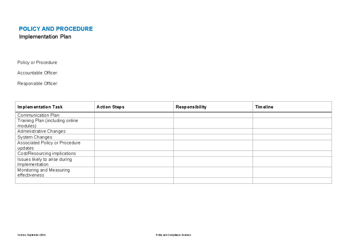 Implementation Plan Template V2 for Policy & Procedure Compliance - Studocu
