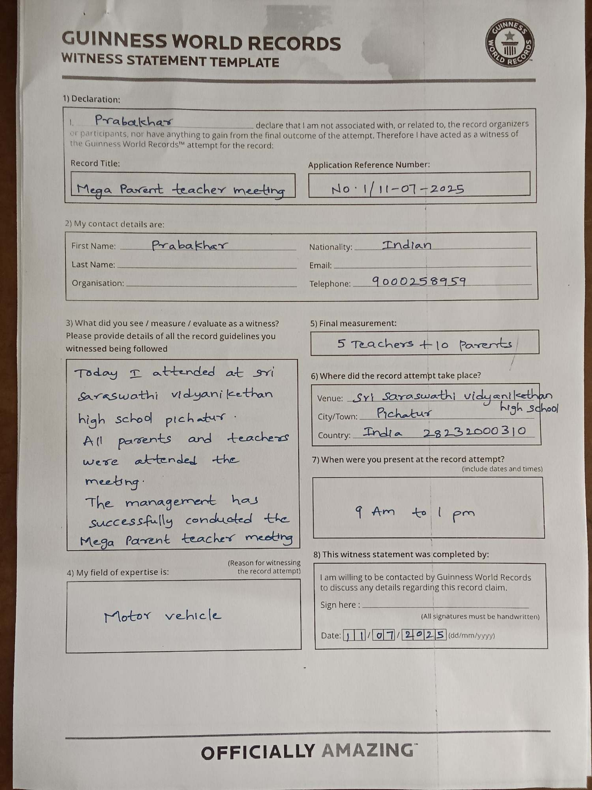 GUINNESS WORLD RECORDS WITNESS STATEMENT TEMPLATE - MEGA PARENT TEACHER ...
