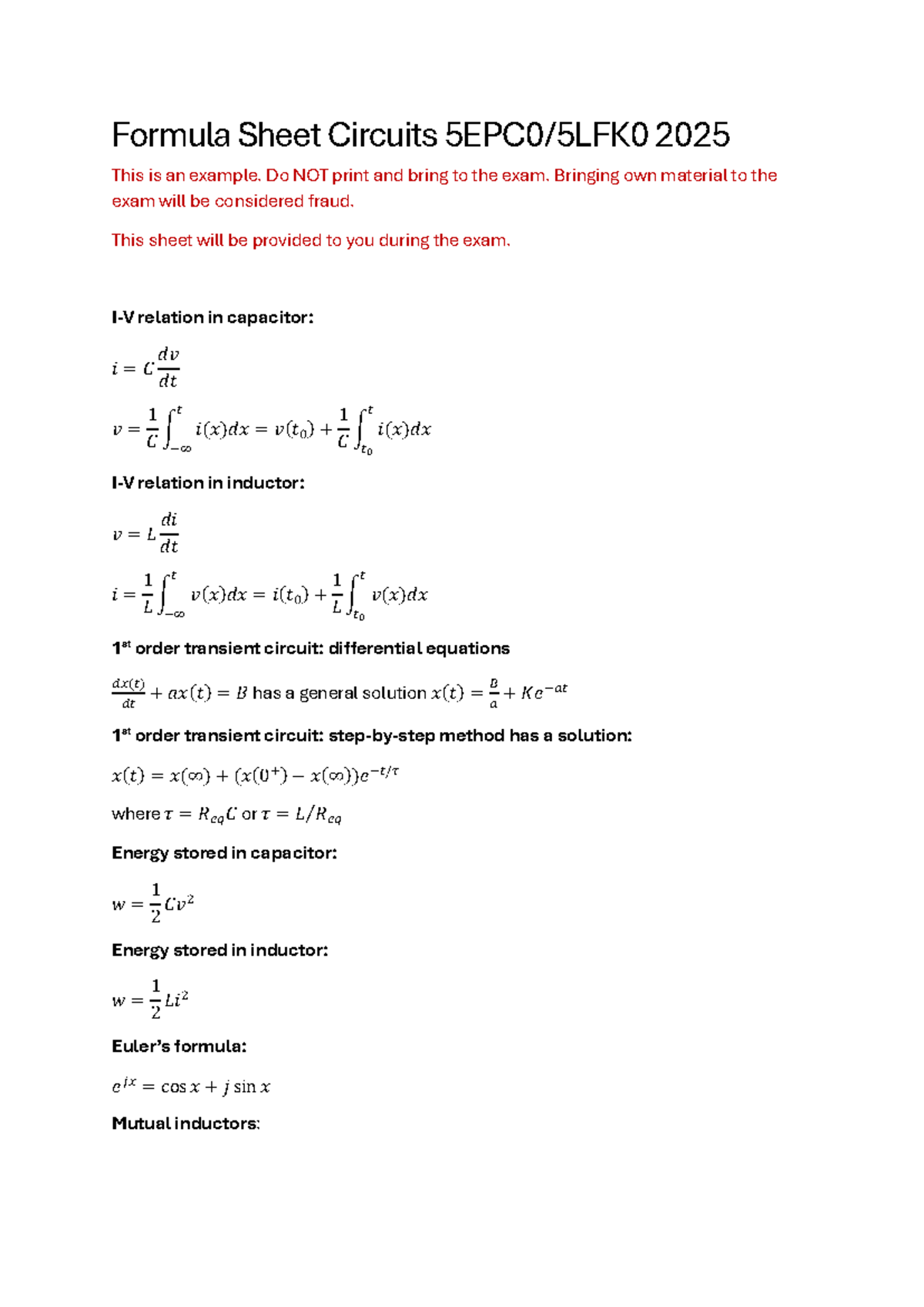 Formula Sheet for Circuits 2025: Key Concepts & Equations - Studeersnel