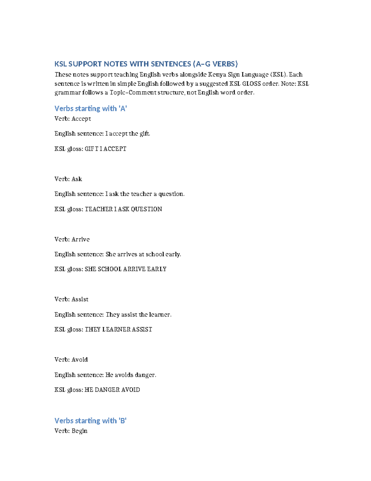 KSL Support Notes: English Verbs A to G - Studocu