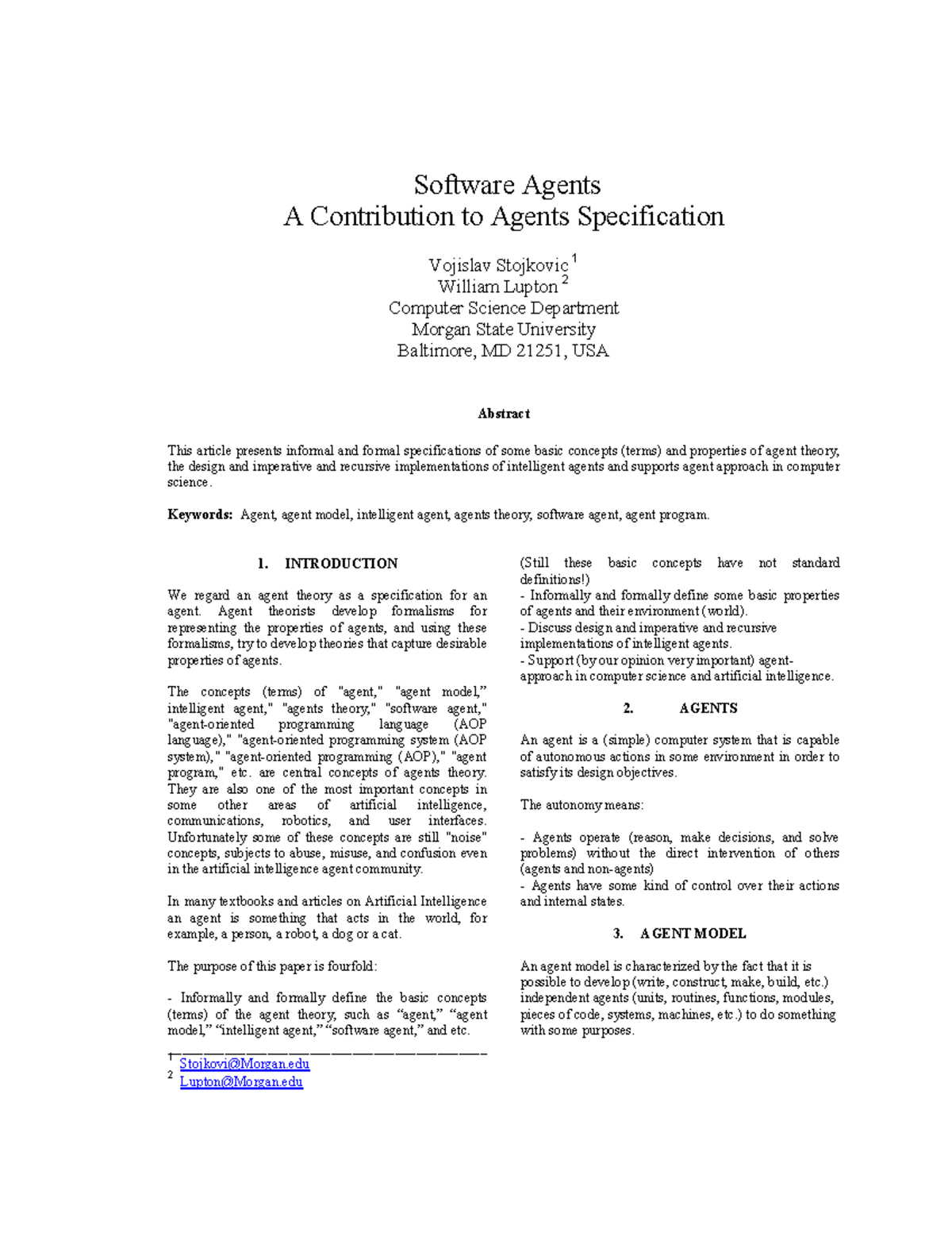 CS 101: Software Agents and Their Specifications in Computer Science ...