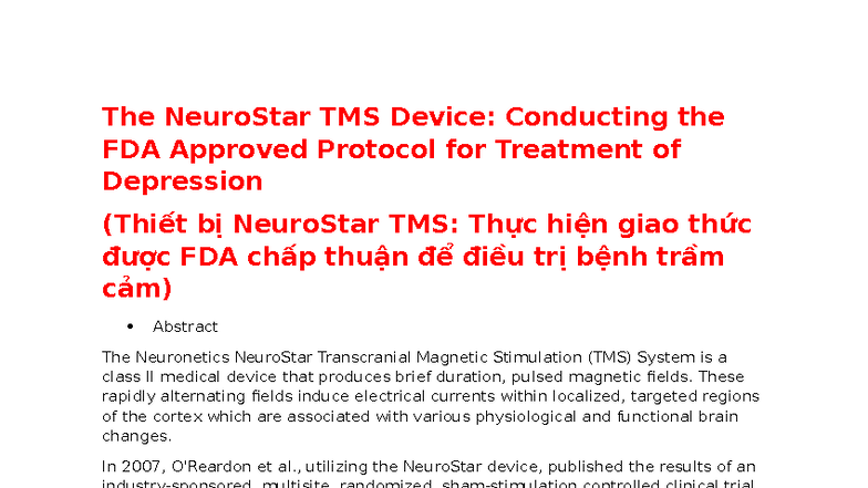 NeuroStar TMS Device: FDA Protocol for Depression Treatment - Studocu