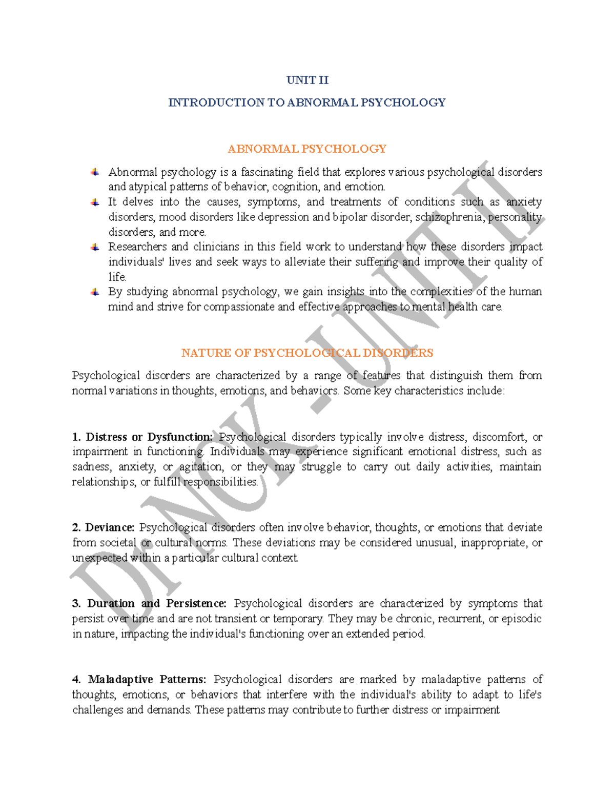 SIET - UNIT II - INTRODUCTION TO ABNORMAL PSYCHOLOGY AND DISORDERS ...