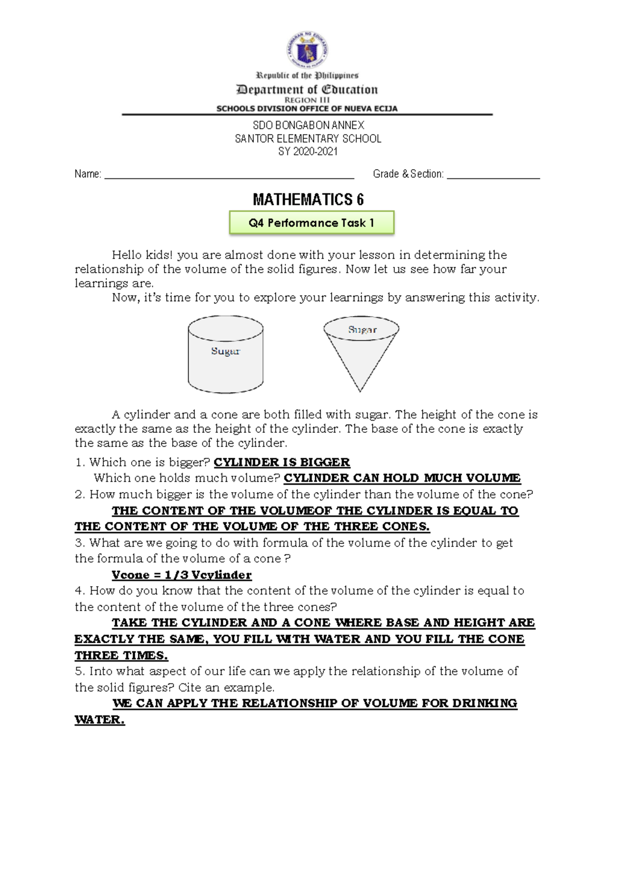 Q4 Performance Tasks in Math 6 - Volume & Data Representation - Studocu