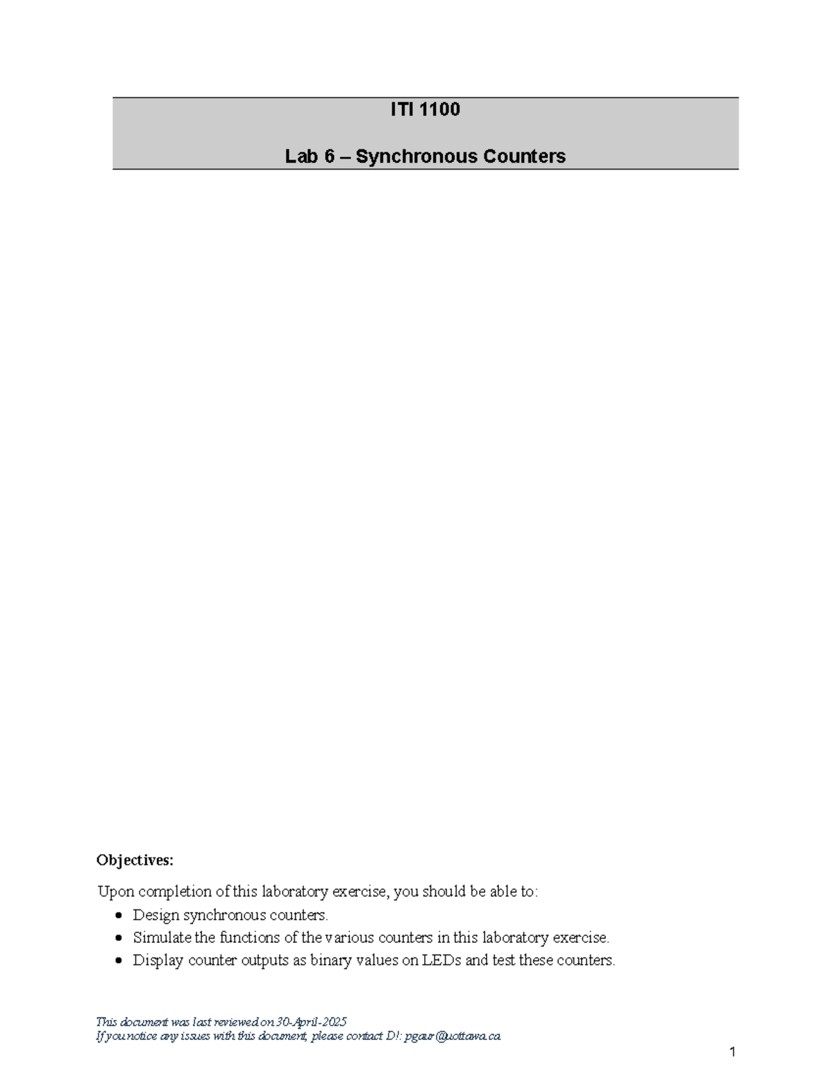 ITI 1100 Lab 6: Synchronous Counters Design & Simulation Guide - Studocu