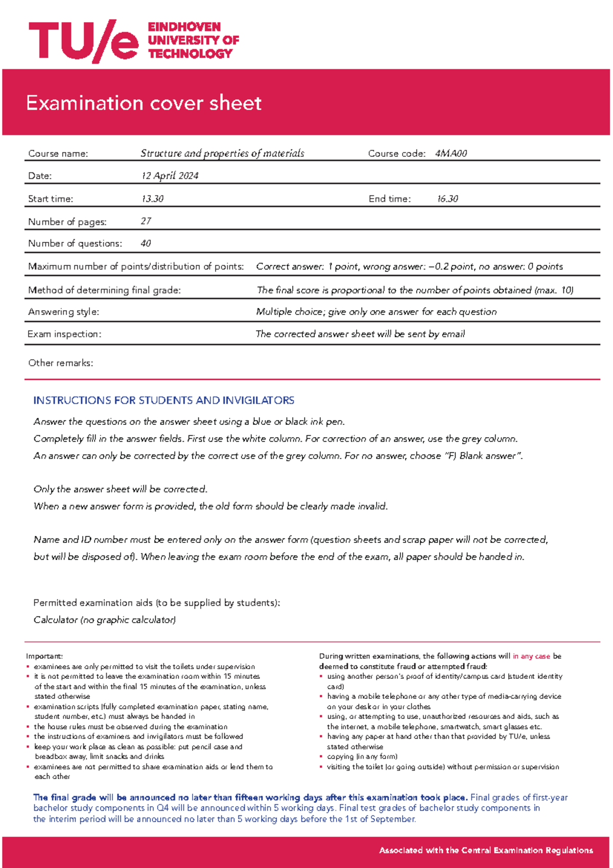 2024 Final Exam - 4MA00 Structure & Properties of Materials - Studeersnel