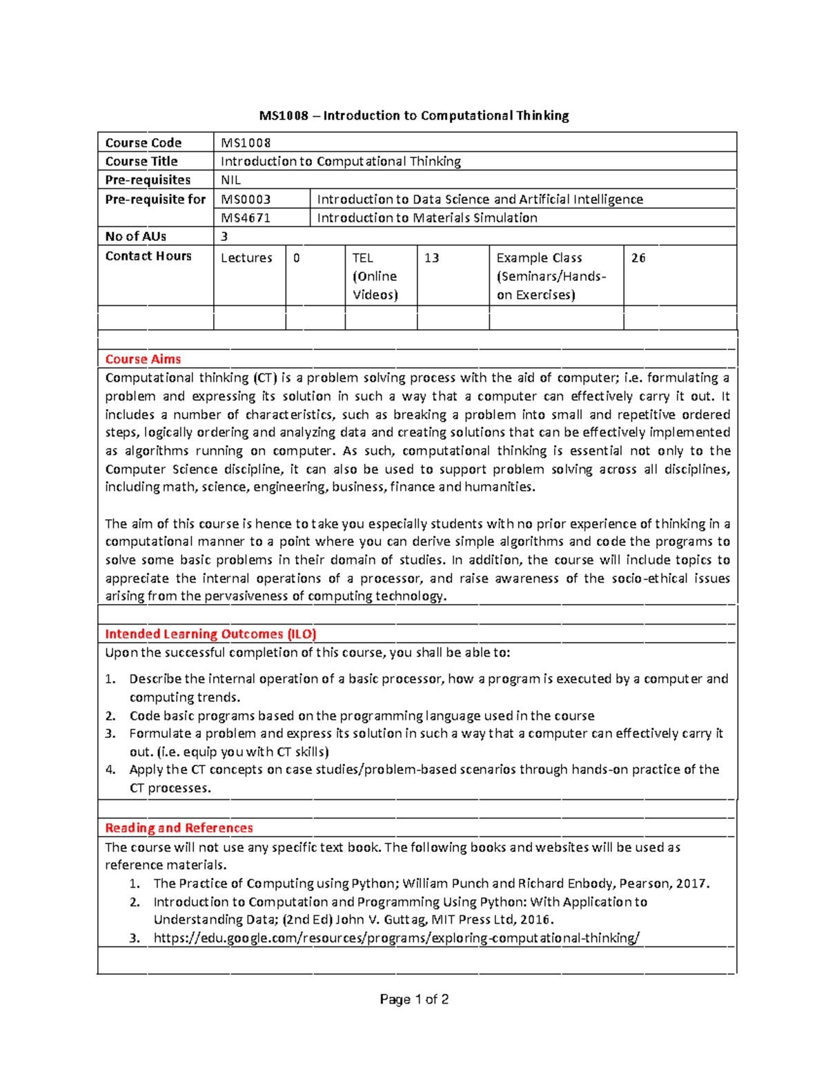 MS1008 Course Details: Intro to Computational Thinking & Policies - Studocu
