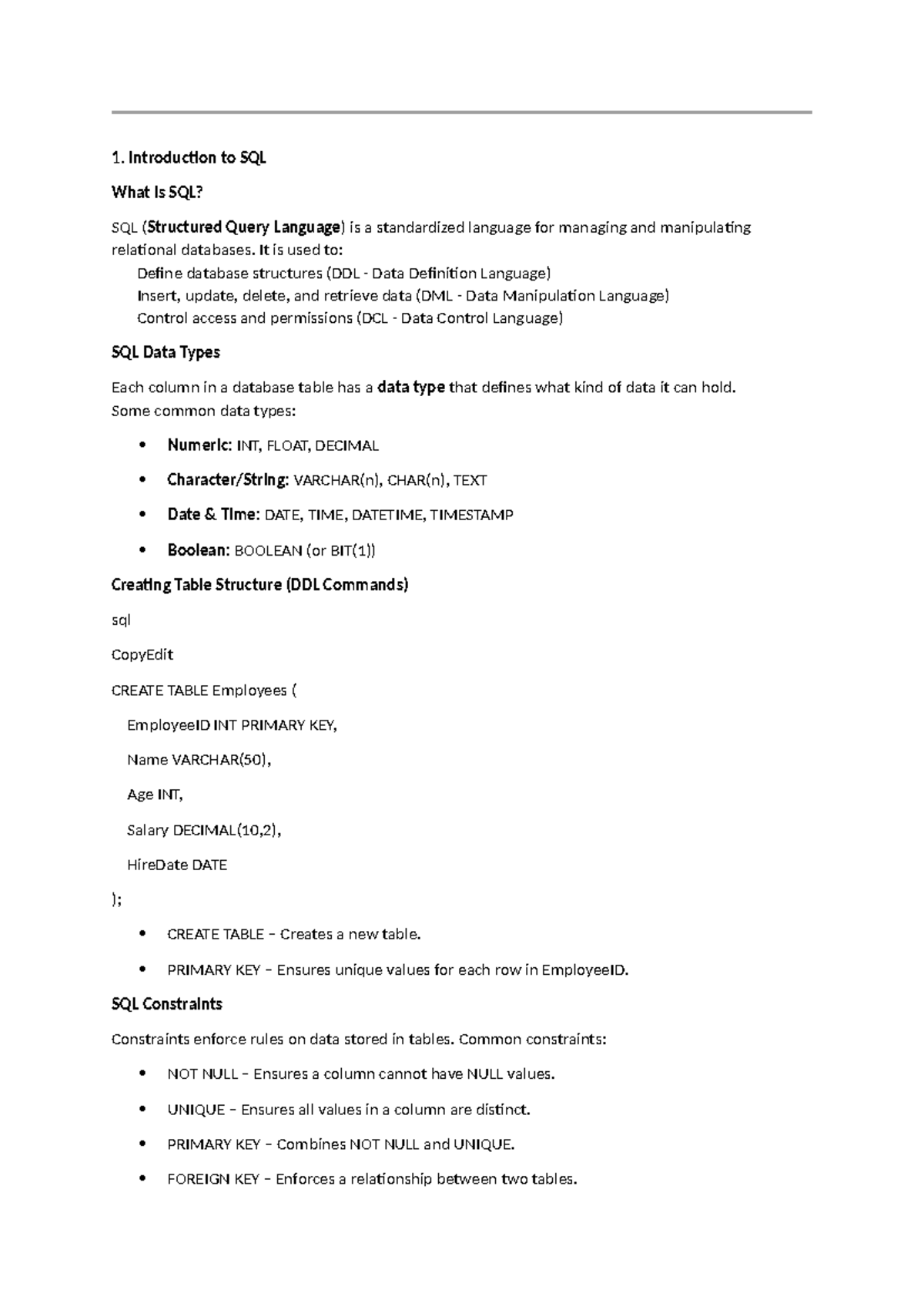 Ddbms - its asyllabus summary. - 1. Introduction to SQL What is SQL ...