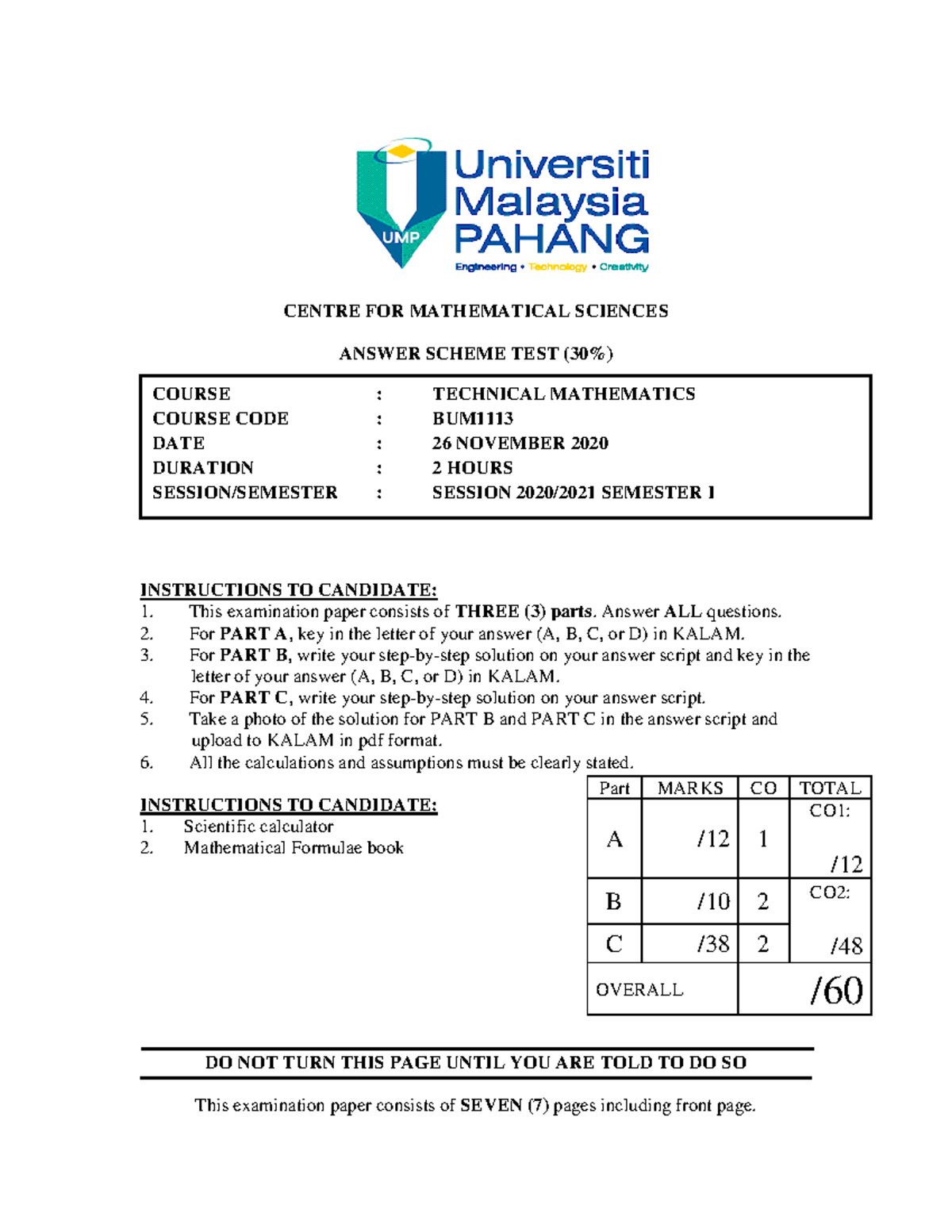 Answer TEST BUM1113 Sem I 2020 2021 - CENTRE FOR MATHEMATICAL SCIENCES ...