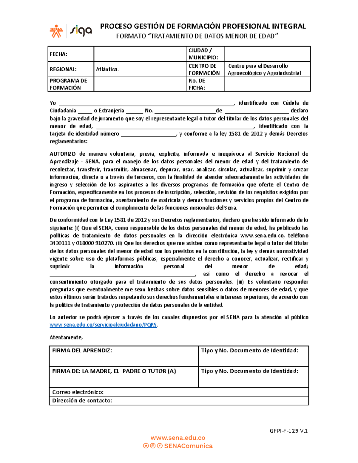 GFPI-F-129 Formato de Tratamiento de Datos de Menores de Edad - Studocu