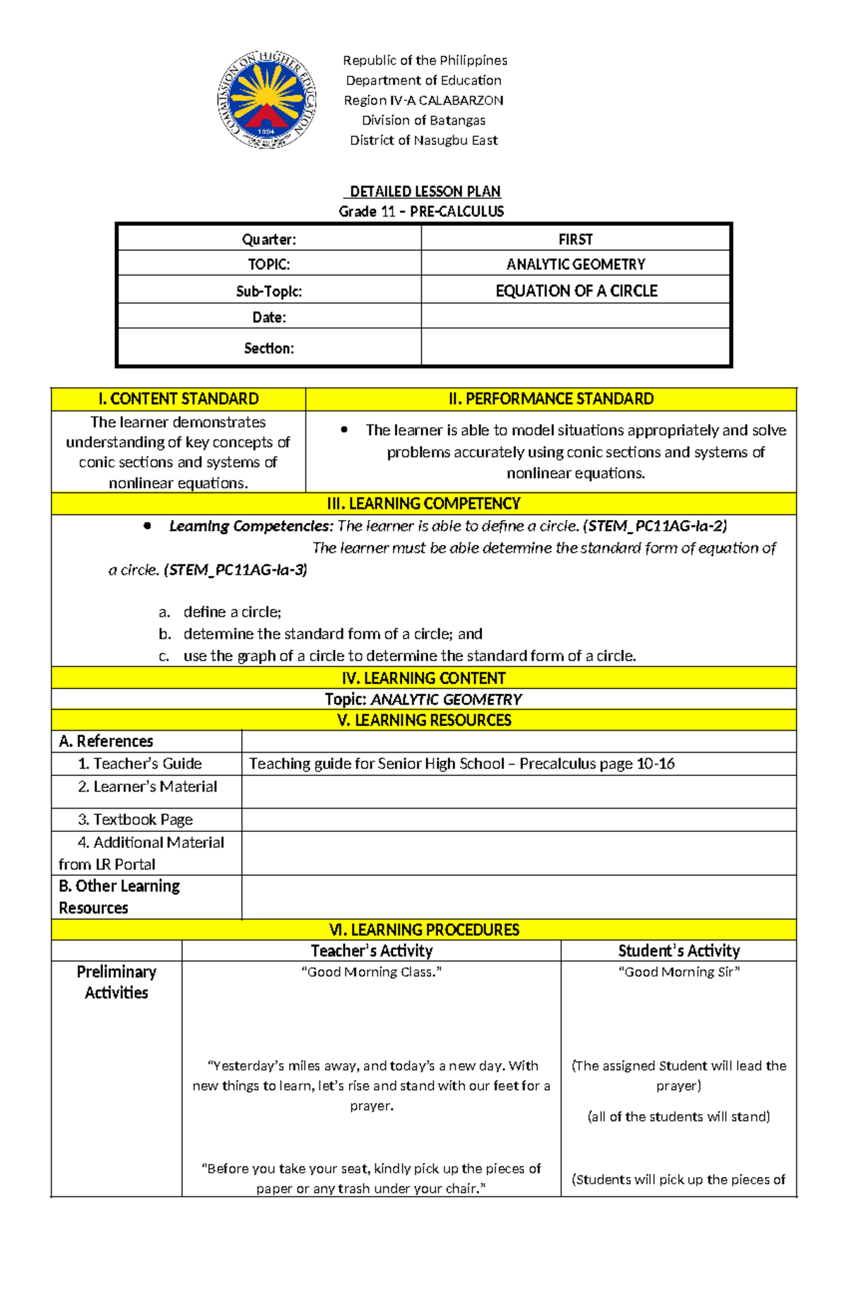 Detailed Lesson Plan: Equation of a Circle (Grade 11 - STEM_PC11AG ...