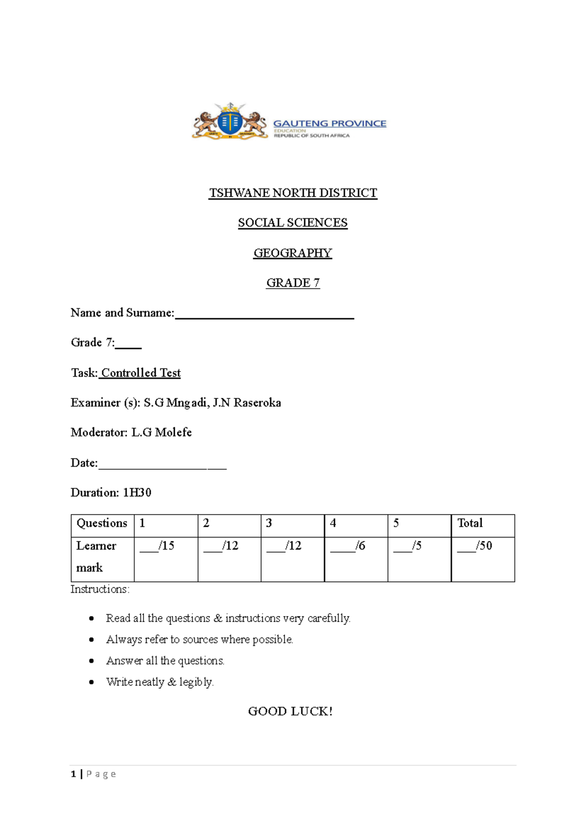 Grade 7 Geography SEPT Controlled Test Question Paper - Studocu