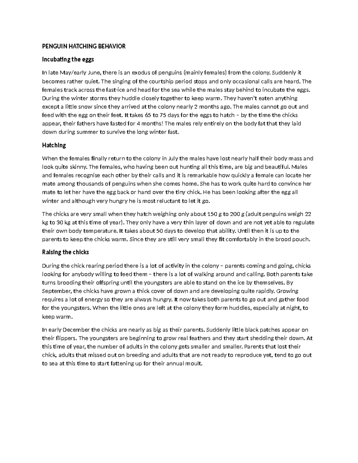 PENG 101: Penguin Hatching & Chick Rearing Behavior Study - Studocu