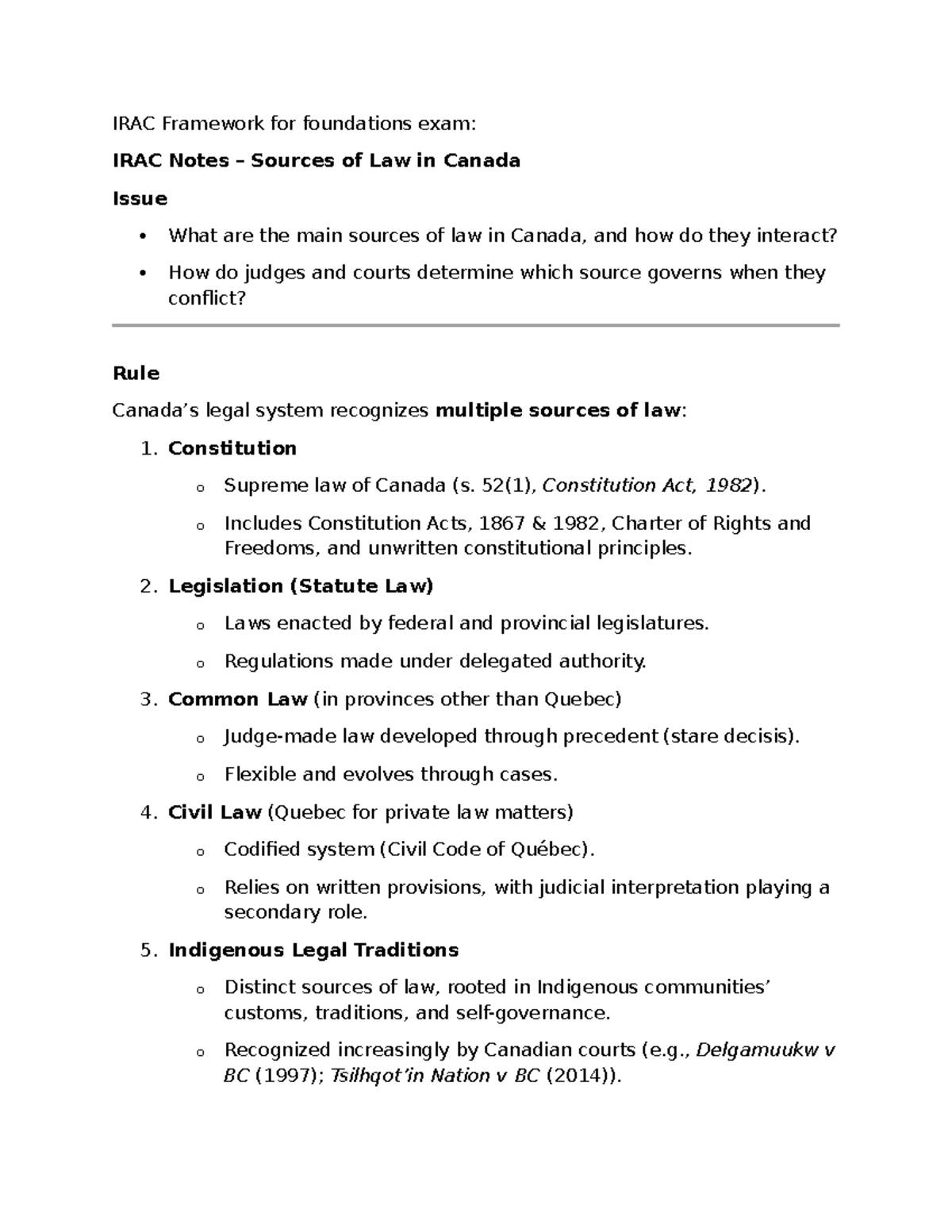 IRAC Notes on Sources of Law in Canada for Foundations Exam - Studocu