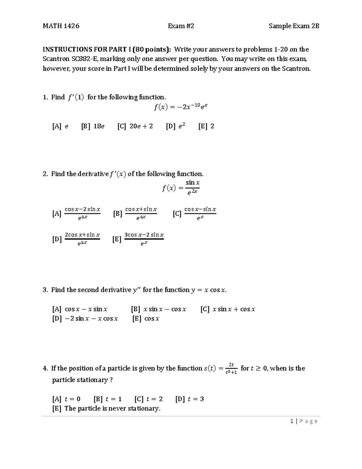 MATH 1426 Sample Exam 2B - Comprehensive Review and Instructions - Studocu