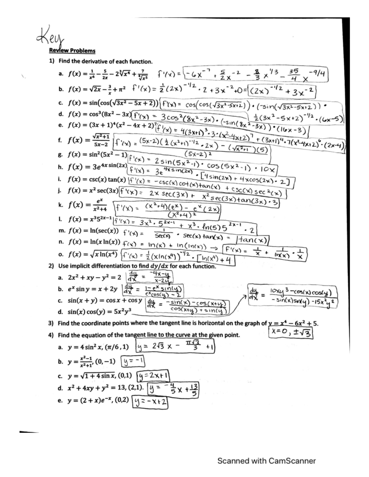 Exam 2 Study Guide Key - Notes - Key Review Problems 1) Find the ...