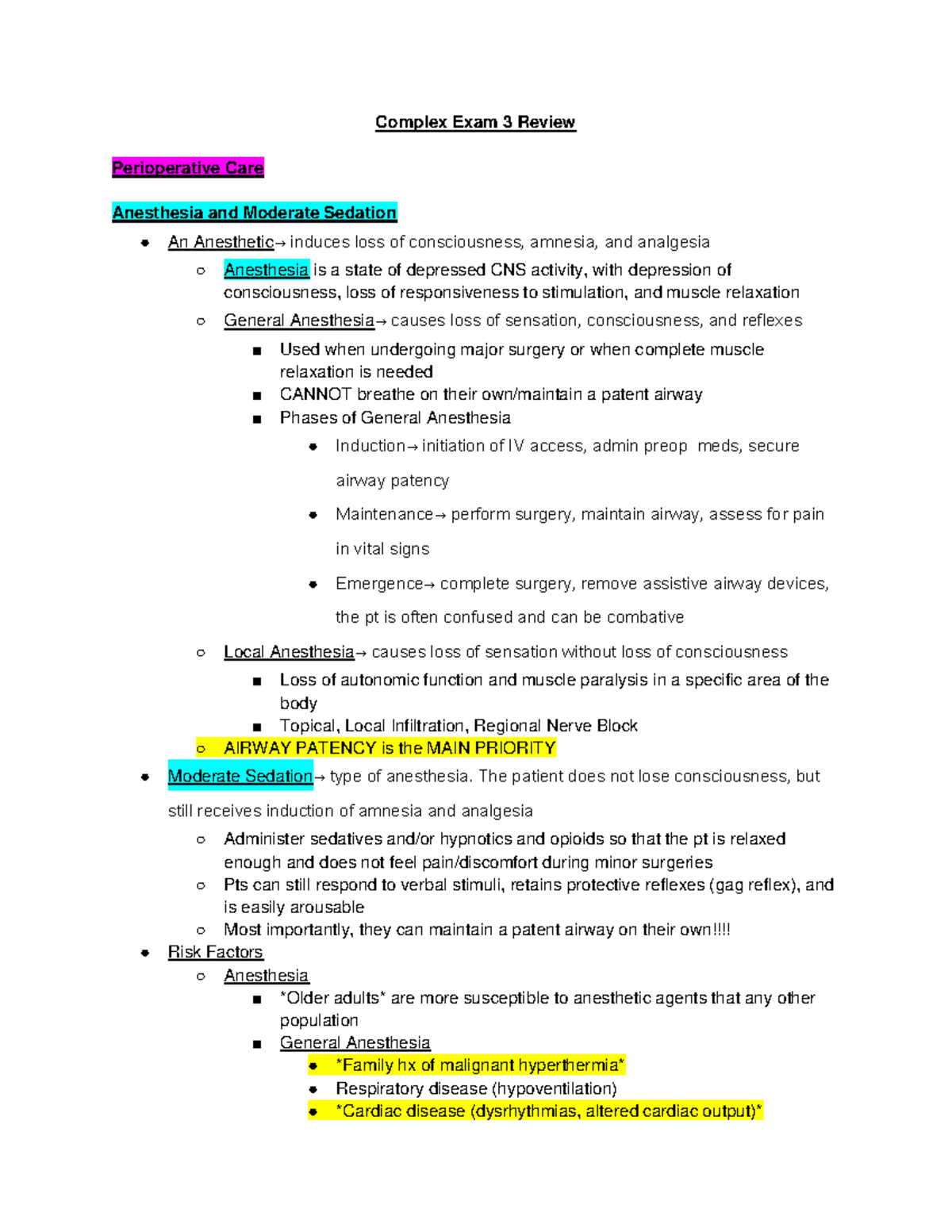 Complex Exam 3 Review: Perioperative Care & Anesthesia Fundamentals ...