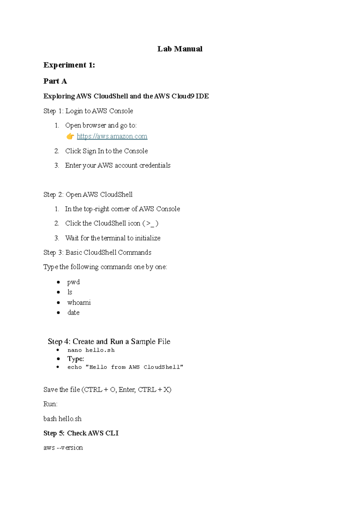 CSE 6 Cloud Computing Lab Manual: AWS Experiments and Setup Guide - Studocu