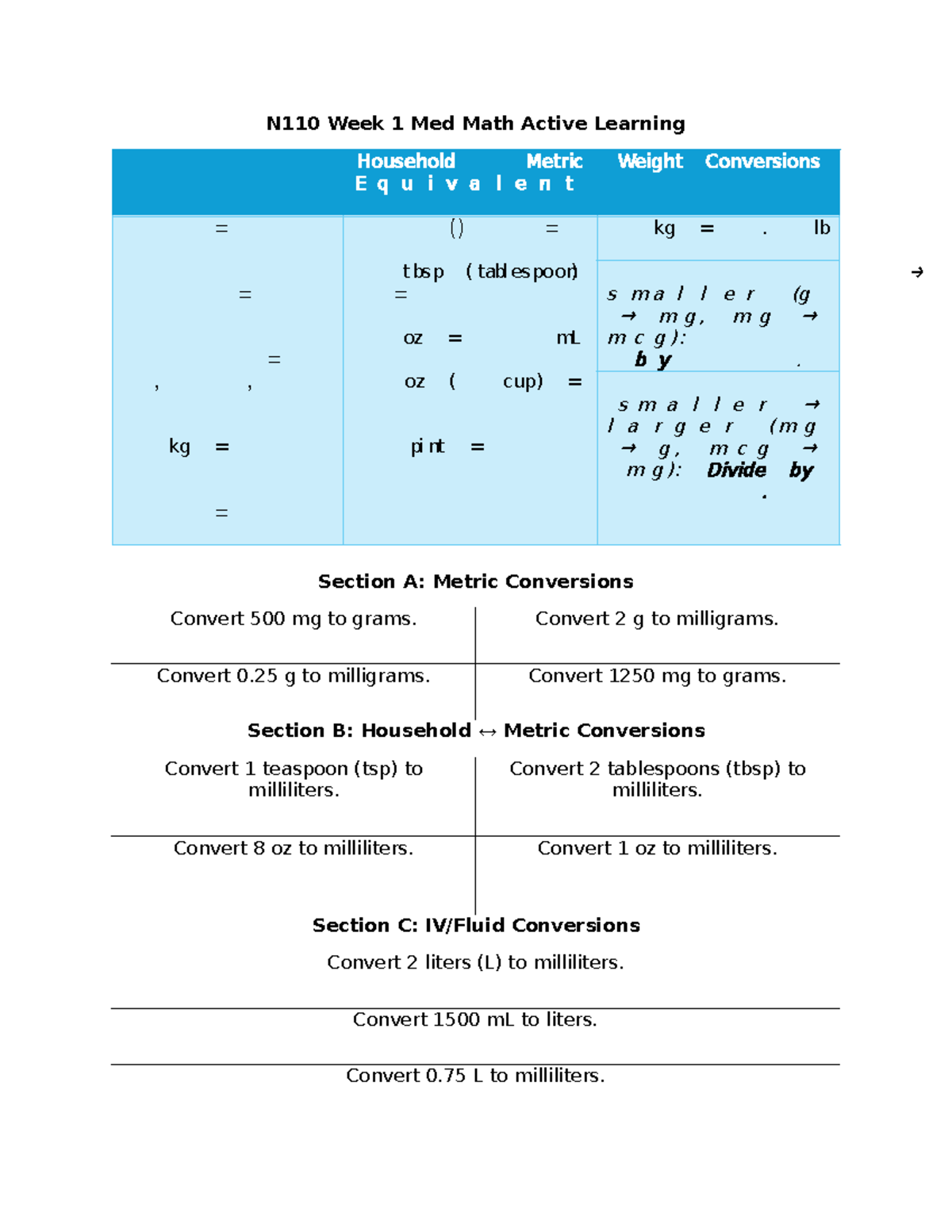 N110 Week 1 Med Math Active Learning: Metric Conversions - Studocu