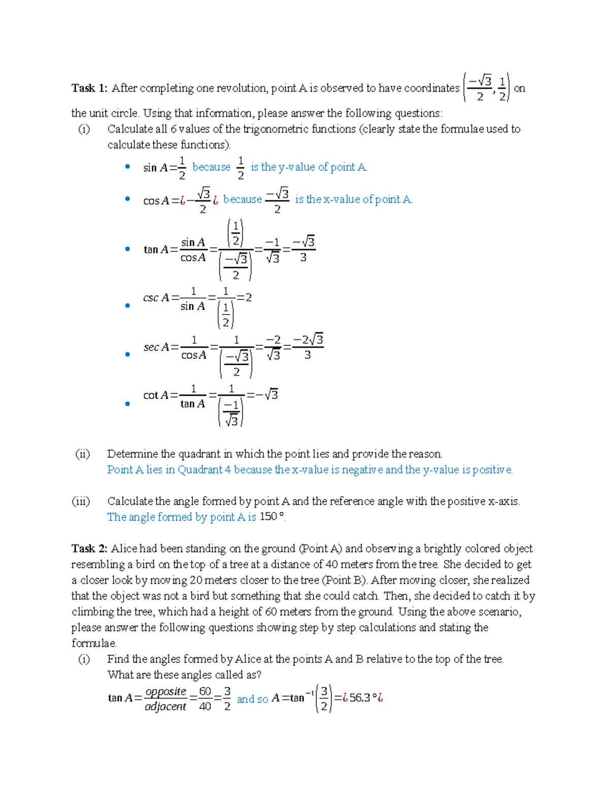 Math 1201 Written Assignment: Trig Functions and Calculations in Unit 6 ...