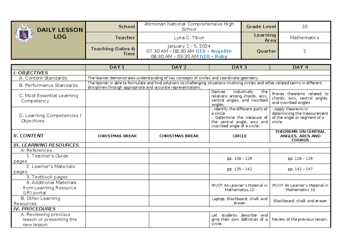Daily Lesson Log: Basic Calculus for Grade 11 (STEM) - Jan 20-24, 2025 ...