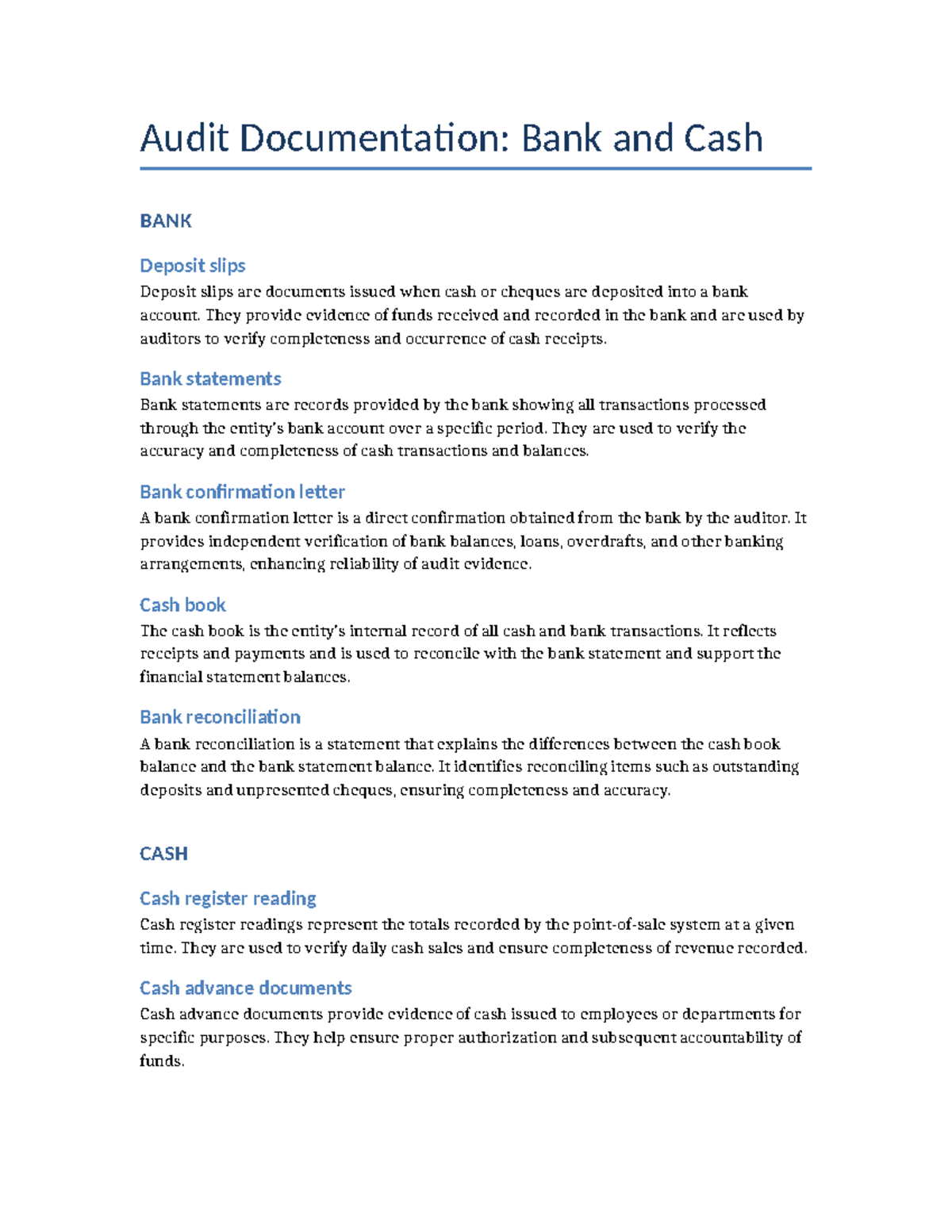 Bank and Cash Documentation: Audit Essentials for BANK Course - Studocu