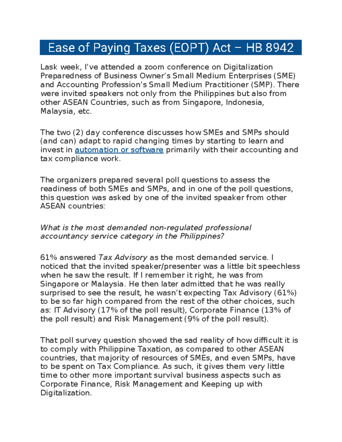 Ease of Paying Taxes (EOPT) Act: Key Insights from HB 8942 - Studocu