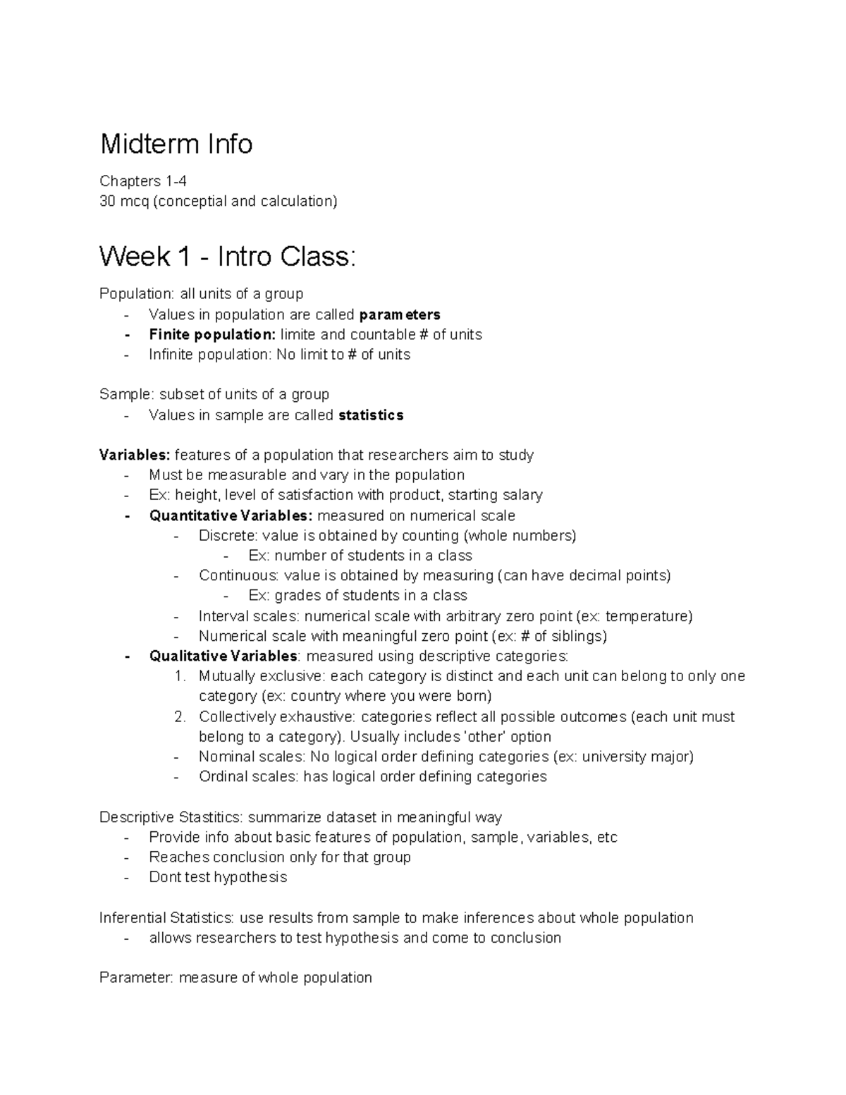 Midterm 1 Notes - Midterm Info Chapters 1- 30 mcq (conceptial and ...