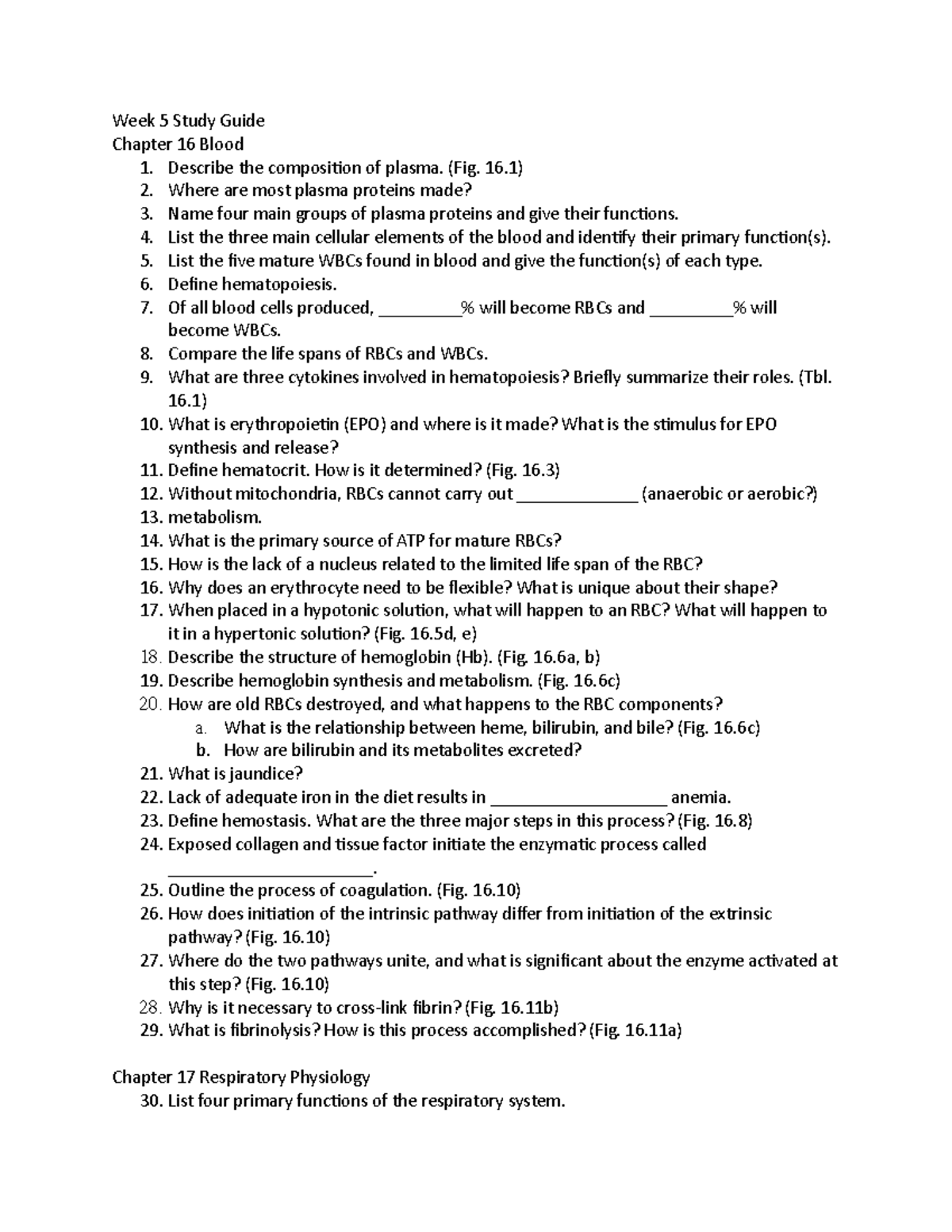 Week 5 Study Guide: Chapter 16 - Blood Composition & Functions - Studocu