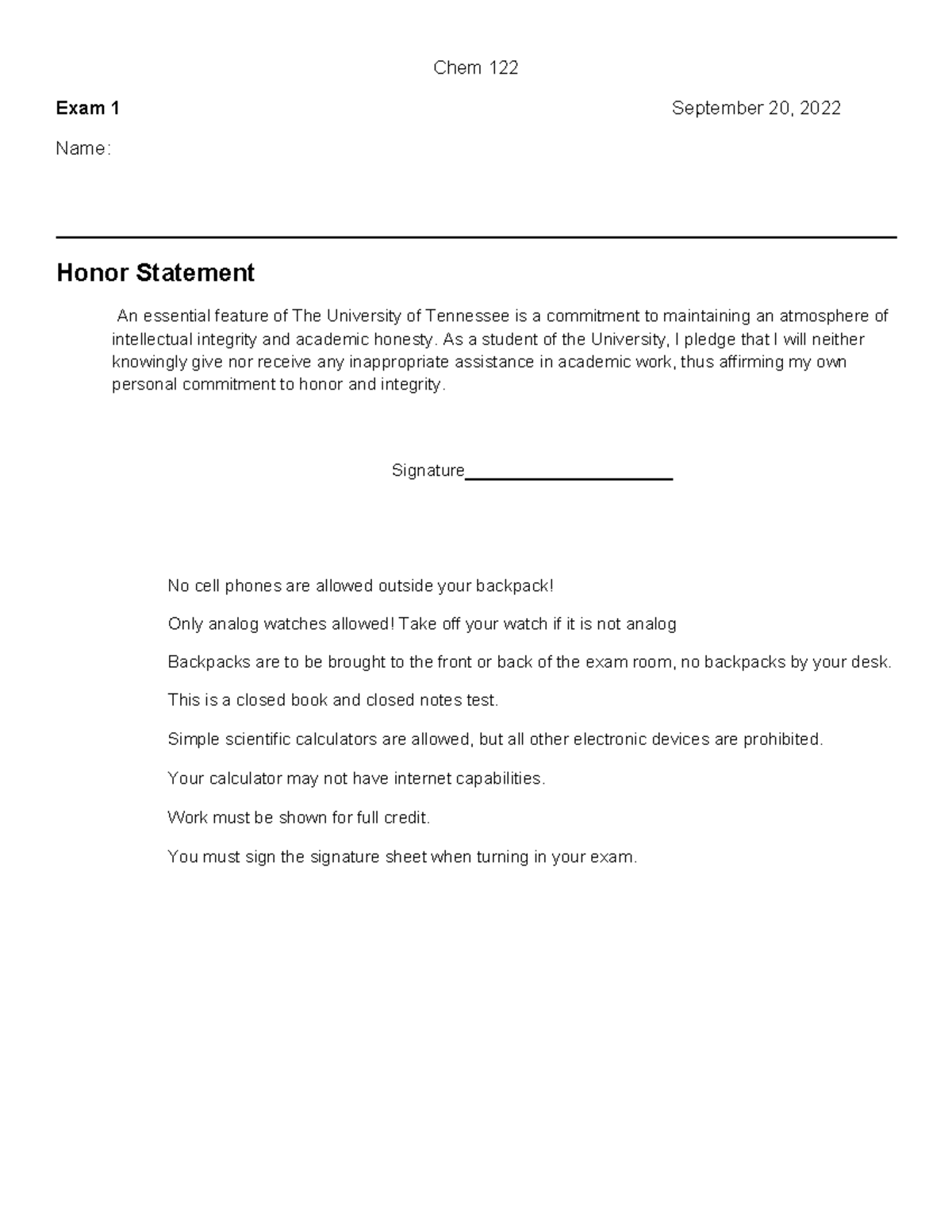 Chem 122 Exam 1 Practice Exam - September 20, 2022 - Studocu