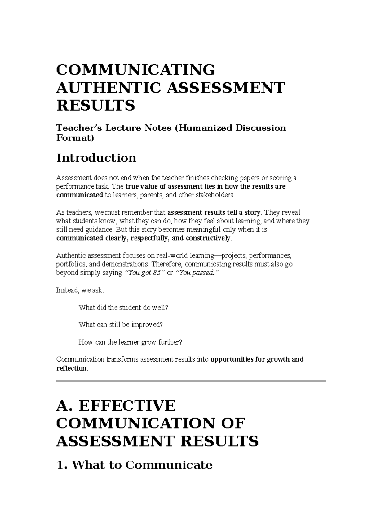 COMM 101: Lecture Notes on Communicating Authentic Assessment Results ...