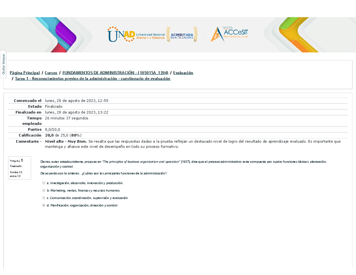 Tarea 1 - Cuestionario de Evaluación en Fundamentos de Administración (105015A_1394) - Document Preview