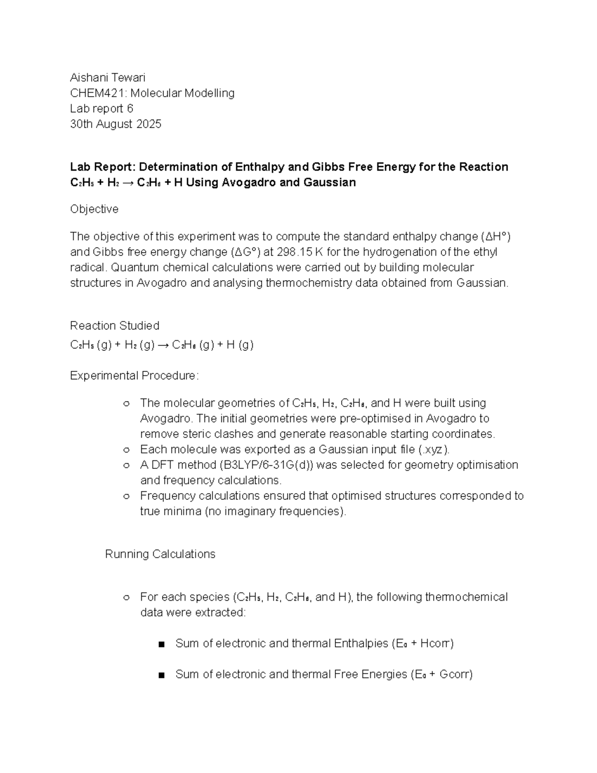 CHEM421: Lab Report 6 - Enthalpy & Gibbs Free Energy Analysis - Studocu