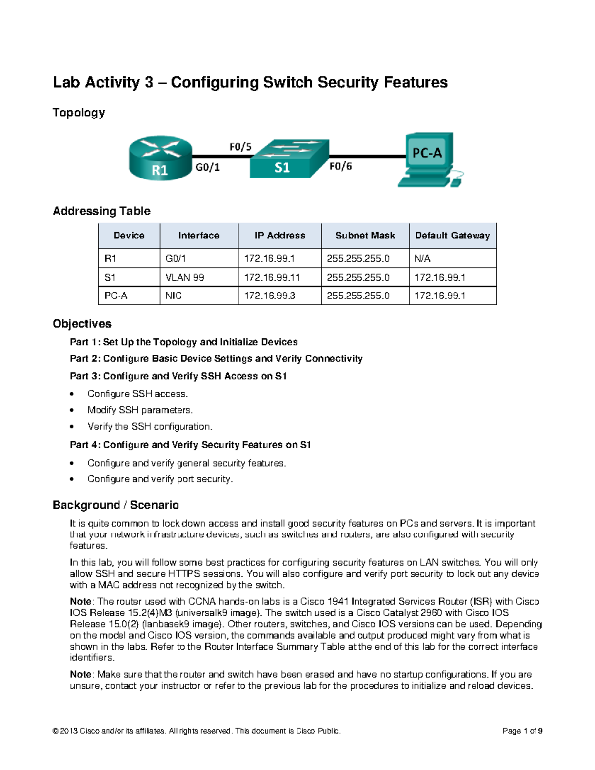 Lab Activity 3 - Configuring Switch Security Features (CCNA) - Studocu