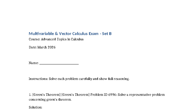 Multivariable Vector Calculus Exam Set B - Math 2609 Solutions - Studocu