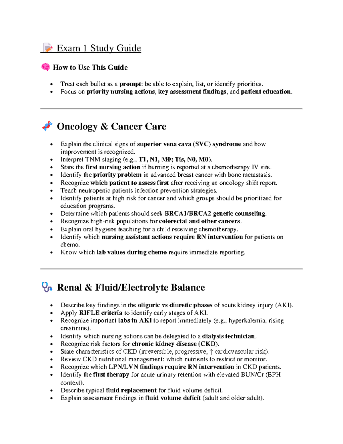 NUR 101 Exam 1 Study Guide: Oncology & Renal Nursing Care - Studocu