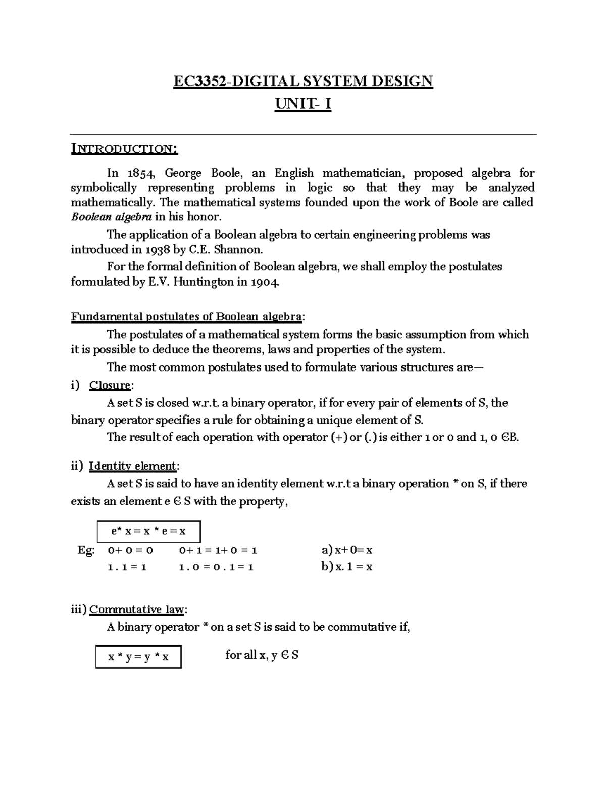 EC3352 Digital Systems Design - Unit 1: Boolean Algebra and Functions ...