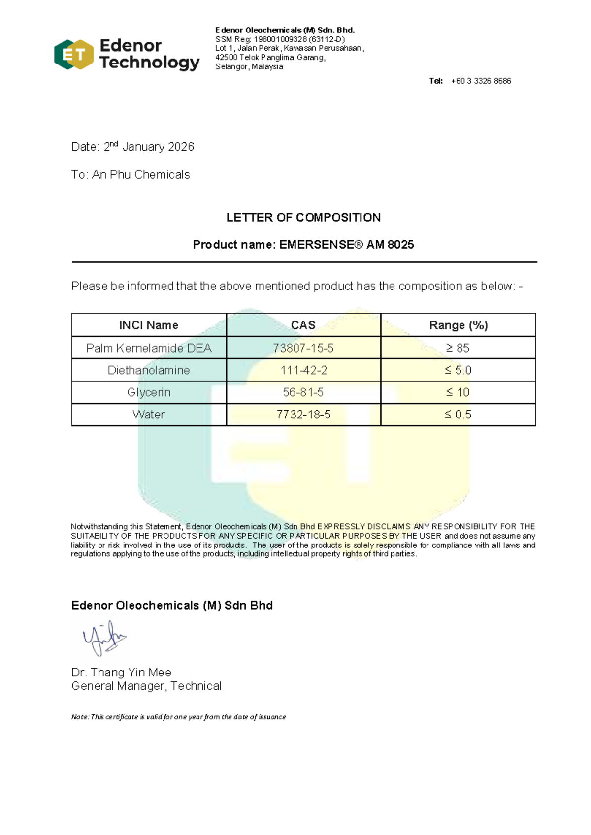 Emersense AM 8025 Composition Statement - Edenor Oleochemicals - Studocu