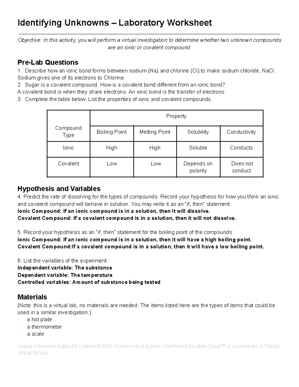 5.02 - Identifying Unknowns: Ionic vs. Covalent Compounds Lab Worksheet ...